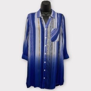 HC Khaki & Co Blue Striped Roll Tab Sleeve Button Front Shirt Size Small